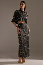 THE SNEAK PEEK STUDDED PU MIDI SKIRT IN BLACK