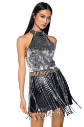 BREAK MY SOUL RHINESTONE EMBELLISHED MOCK NECK FRINGE TOP