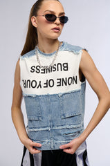 NONE OF YOUR BUSINESS SLEEVELESS DISTRESSED DENIM TOP