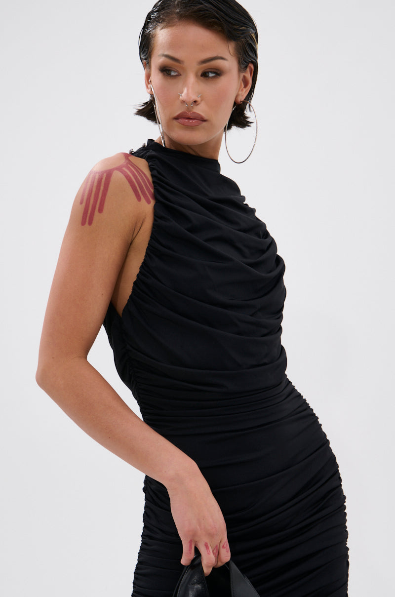 BUSINESS IN FRONT PARTY IN BACK MIDI DRESS IN BLACK