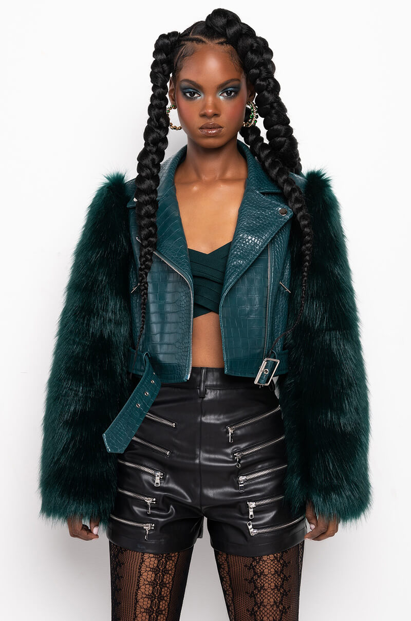 AZALEA WANG NOLLA FAUX FUR ARMS CROC MOTO JACKET