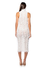 BACKSTAGE SHREDDED MIDI DRESS IN WHITE