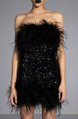 BON ANNIVERSAIRE FEATHER TRIM SEQUIN MINI DRESS