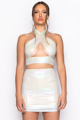 BUBBLE POP ELECTRIC HOLOGRAPHIC HALTER CROP TOP