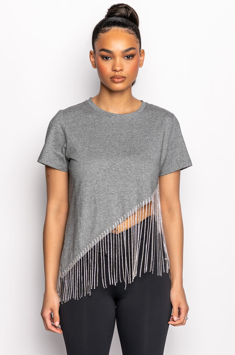 CASCADING RHINESTONE CREW NECK T SHIRT