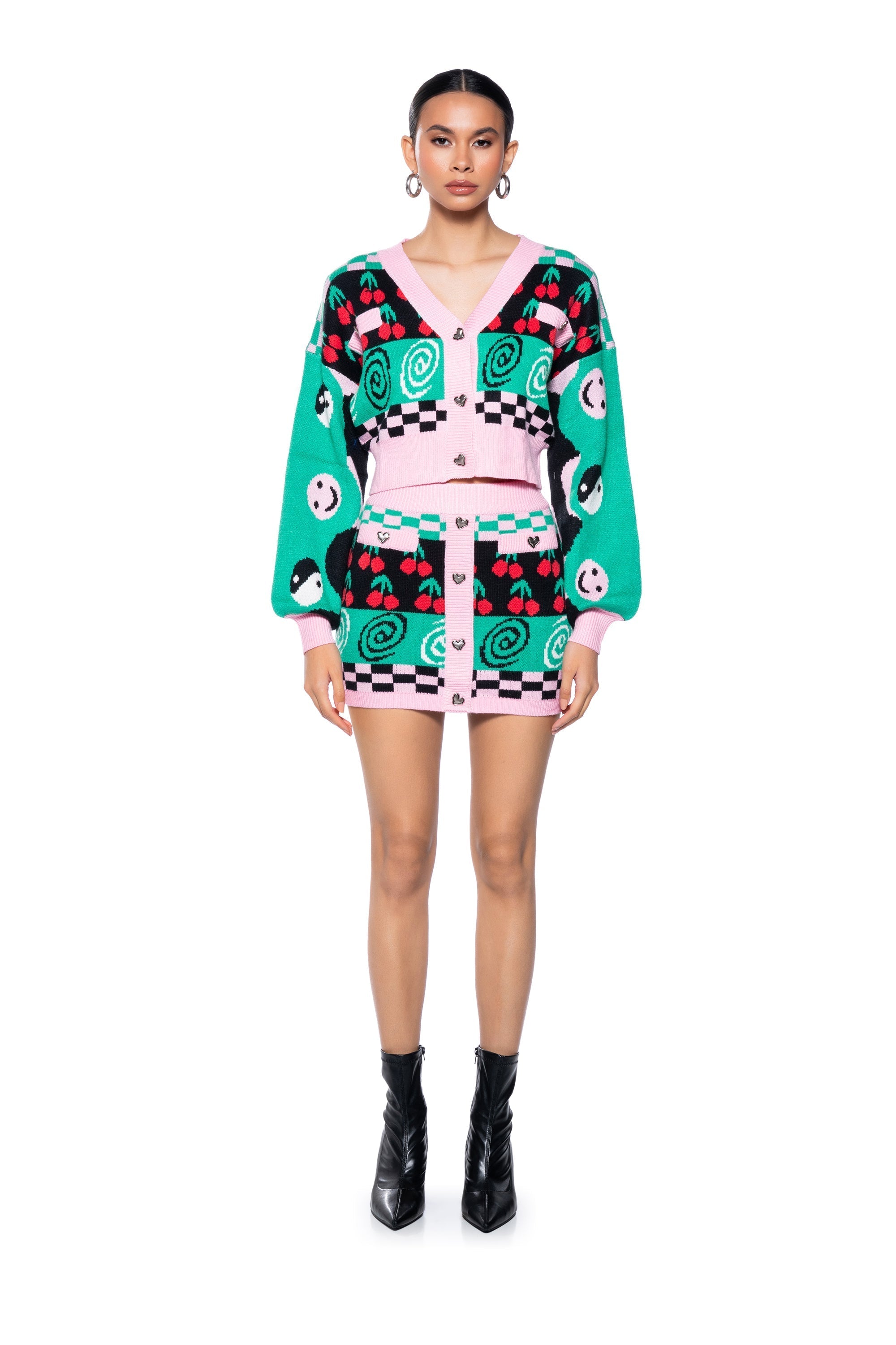 CHERRY ON TOP BUTTON FRONT KNIT MINI SKIRT