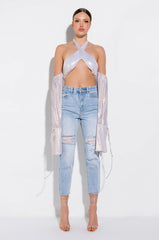 DREAMY WRAP FRONT STATEMENT SLEEVE CROP TOP