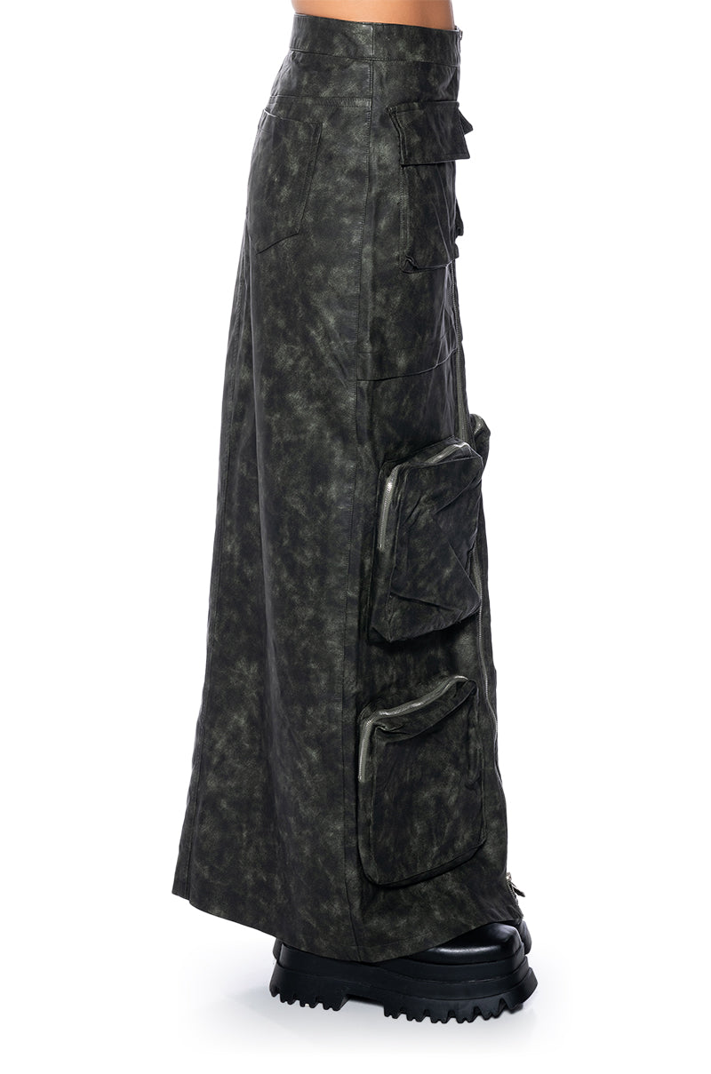 ELISIA DISTRESSED FAUX LEATHER CARGO MAXI SKIRT