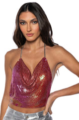 GOING DIVA HIGH SHINE CHAINMAIL HALTER TOP IN ROSE GOLD