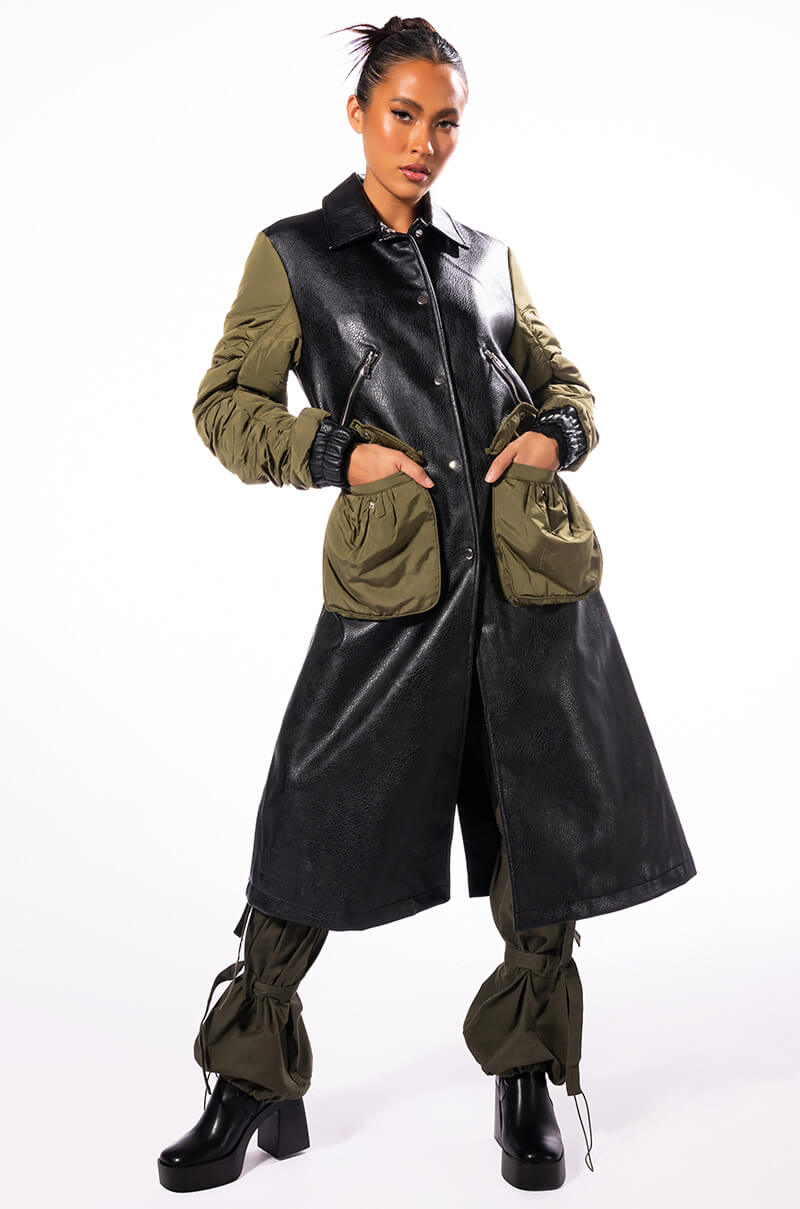HYBRID MOTO PLEATHER TRENCH