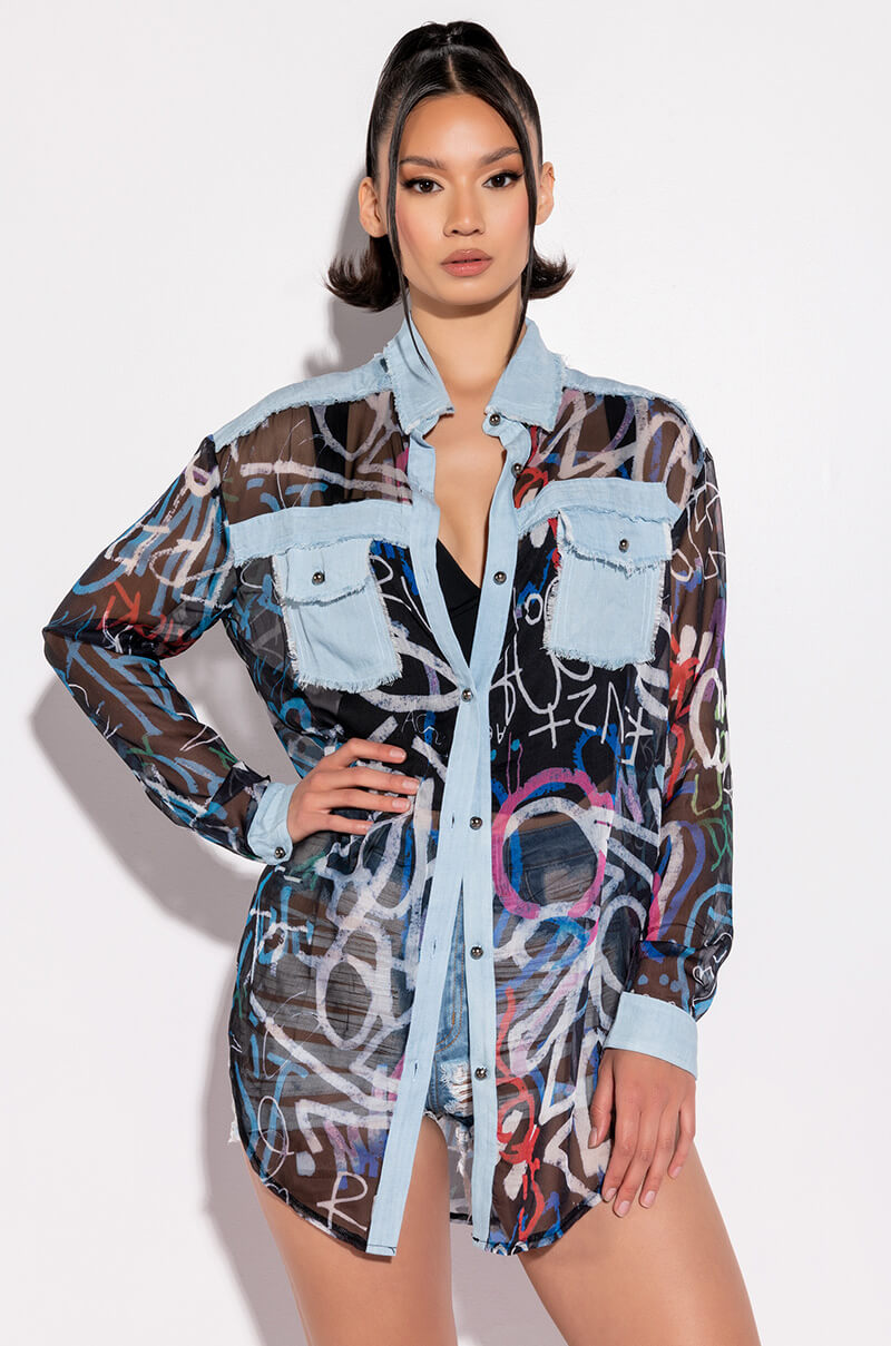 I'LL TAKE IT FROM HERE MESH LONG SLEEVE BUTTON UP BLOUSE