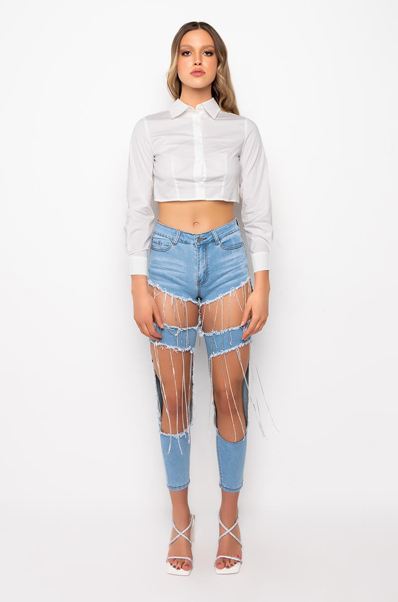LIL BIT OF BLING CROPPED OPEN BACK POPLIN BLOUSE