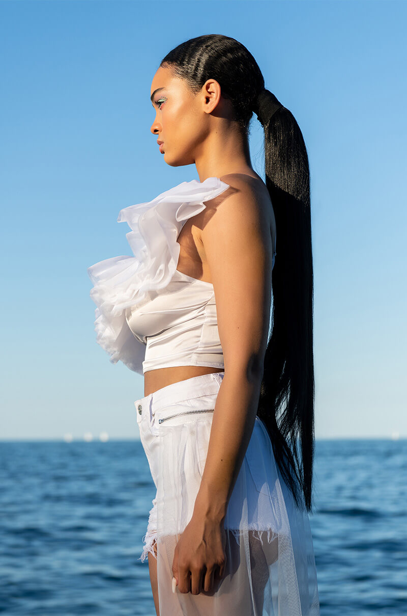LILA ONE SHOULDER RUFFLED CROP TOP