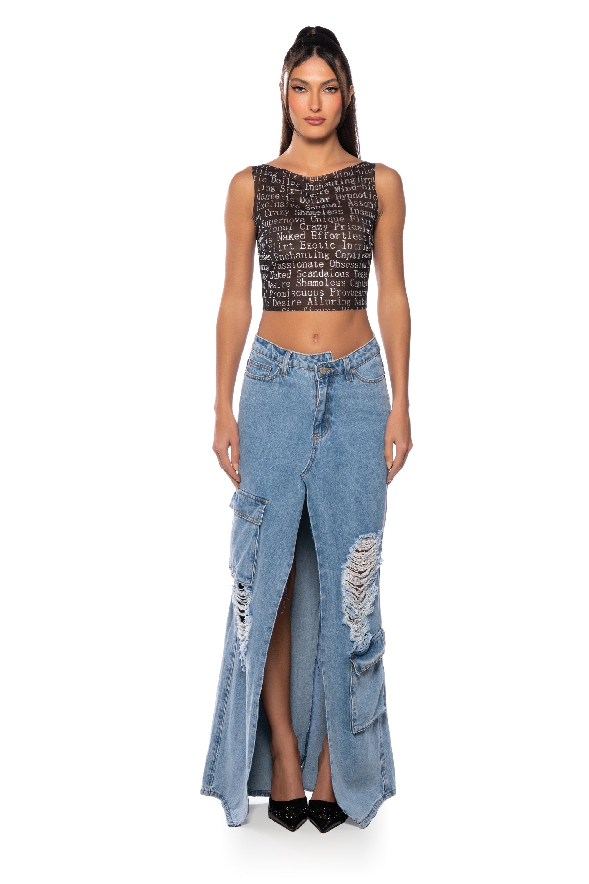 MASTERMIND SLIT MAXI DENIM SKIRT