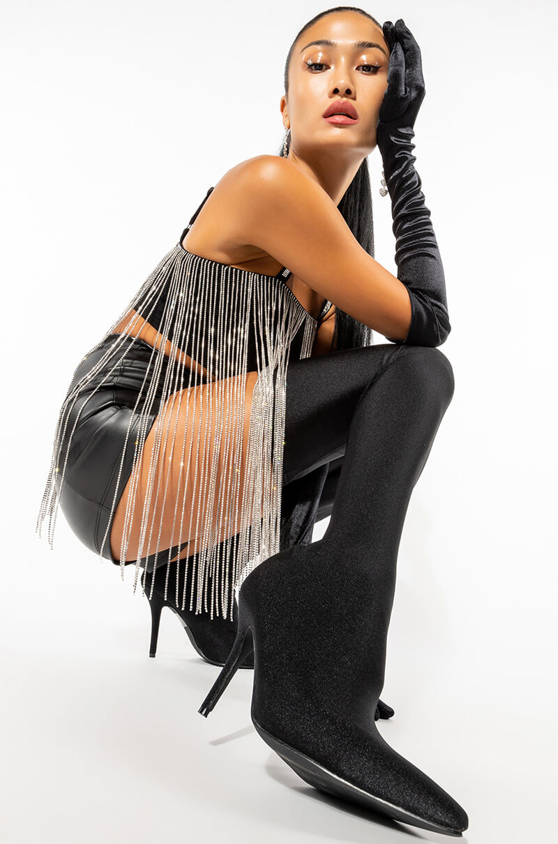 MOONCATCHER RHINESTONE FRINGE SLEEVELESS CROPPED BLOUSE