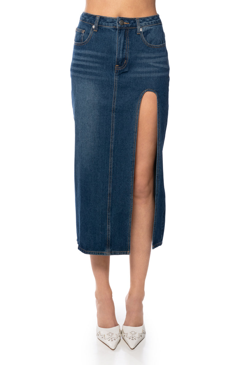 NAUGHTY OR NICE DRAMA SLIT DENIM SKIRT