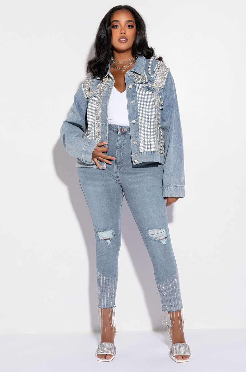 PLUS CARLI ULTRA BEDAZZLE RHINESTONE DENIM JACKET