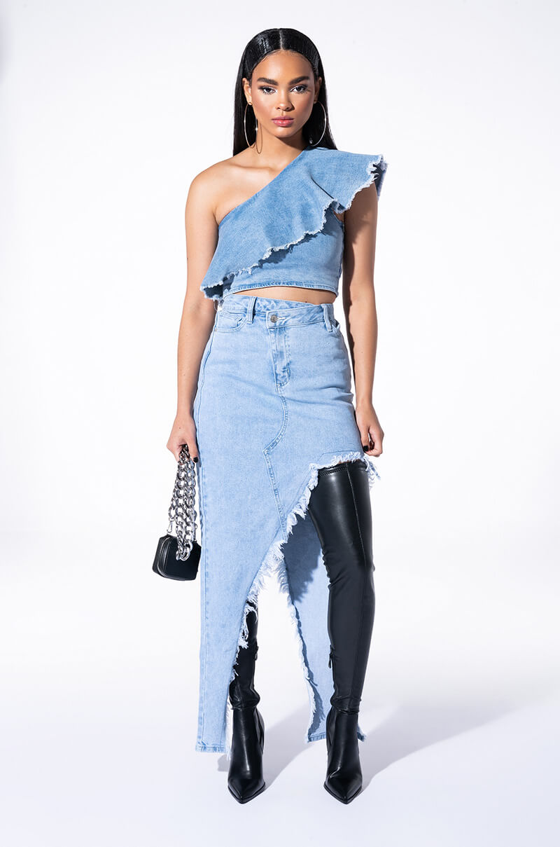 ROMANTIC WALKS CROPPED ONE SHOULDER DENIM BLOUSE