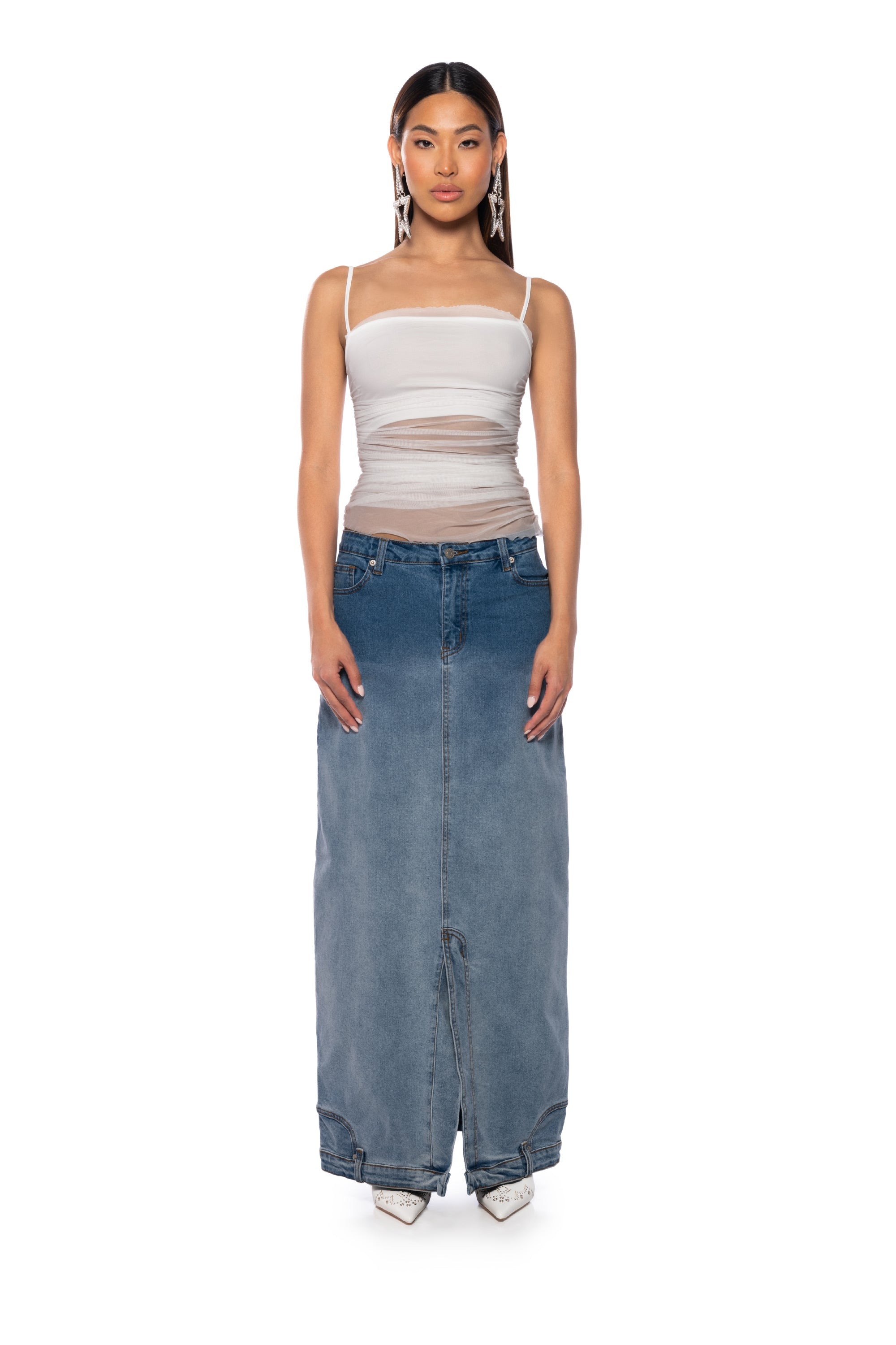 SEEING DOUBLE DENIM MAXI SKIRT