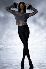 SHEER FEATHER DETAILED RHINESTONE TOP