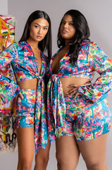SKYART X AKIRA SATIN TIE FRONT BLOUSE