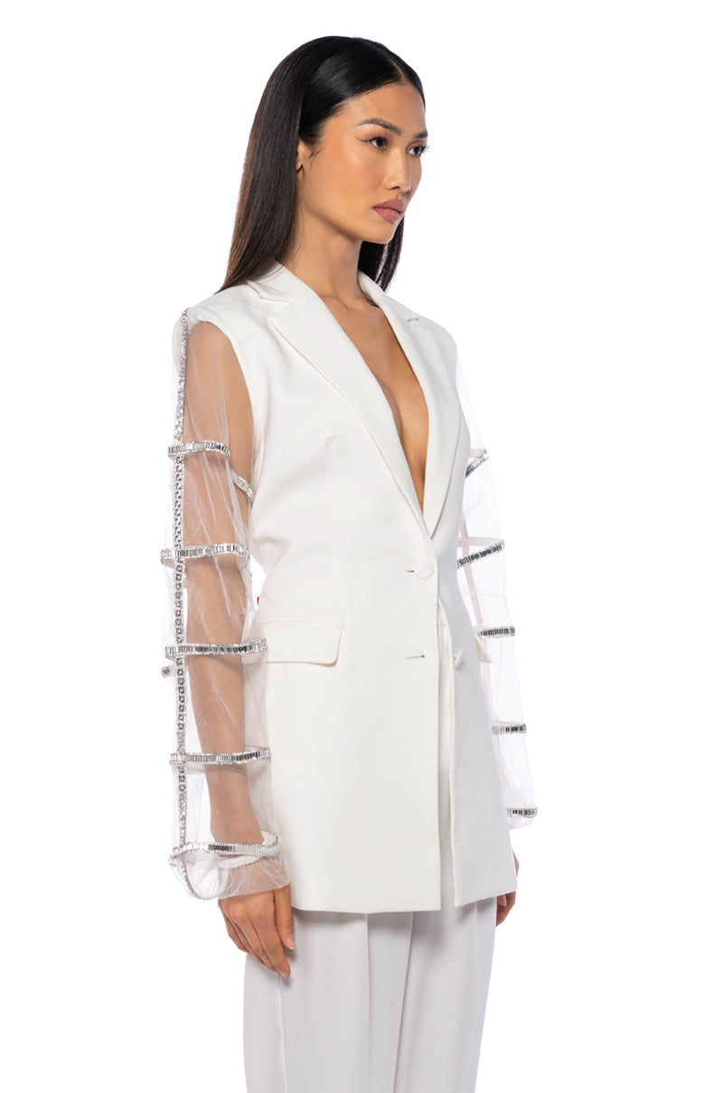 SUGAR AND SPICE MESH RHINESTONE ARM BLAZER