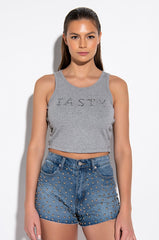 TASTY RHINESTONE DETAIL RIBBED CROP TANK