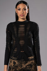 TELL EM DISTRESSED LAYERED LONG SLEEVE TOP