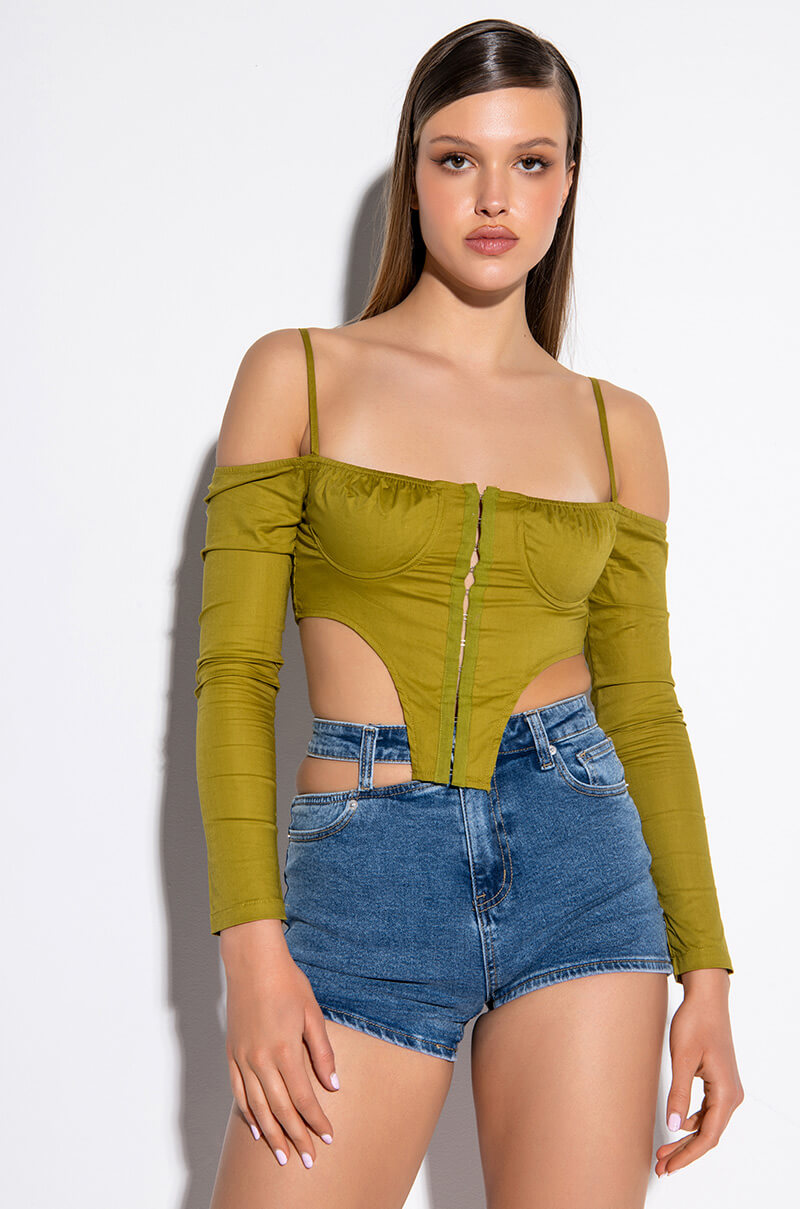 THE WORLD IS MINE OFF THE SHOULDER CROPPED CORSET BLOUSE