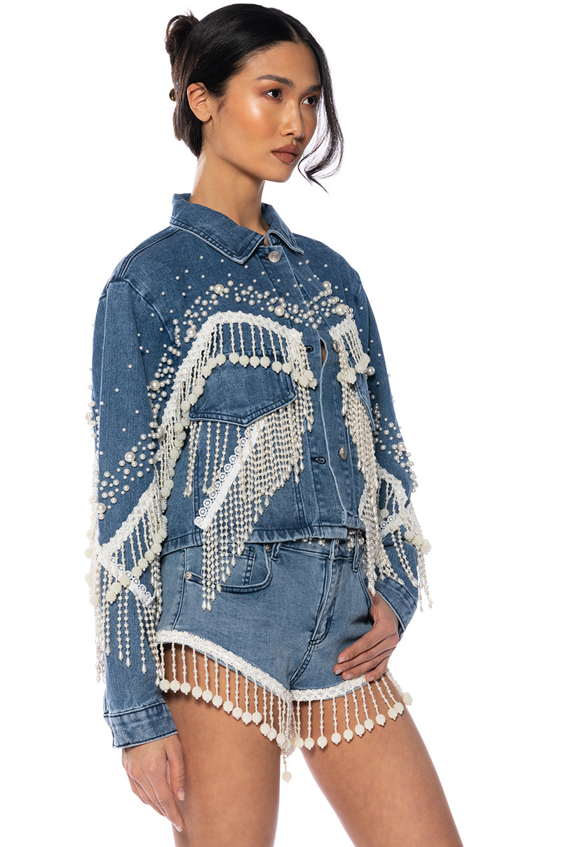 THE WORLD IS YOUR OYSTER PEARL TRIM DENIM SHORTS