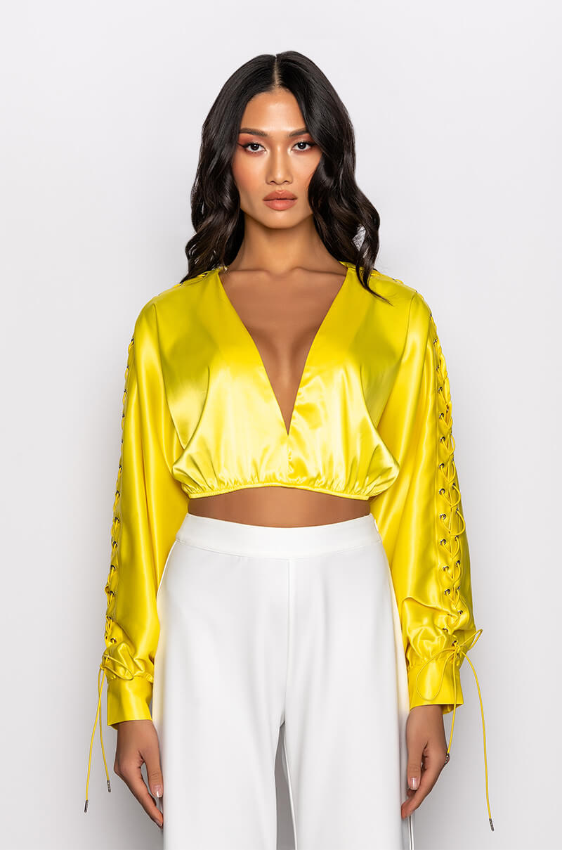 UNPROBLEMATIC LACE UP SLEEVES SATIN BLOUSE