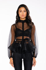 UPPER EAST SIDE TIE NECK LONG SLEEVE PEPLUM BLOUSE