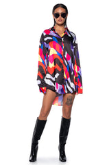 VIBRANT MOOD PRINTED SATIN BUTTON DOWN BLOUSE