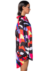 VIBRANT MOOD PRINTED SATIN BUTTON DOWN BLOUSE